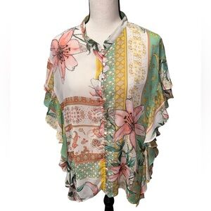 Cupio Floral Bohemian Paisley Patchwork Sheer Ruffle Blouse Size XL